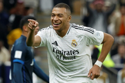 Kylian Mbappe après avoir marqué le premier but du Real Madrid contre Pachuca en finale de la coupe Intercontinentale, le 18 décembre 2024 à Doha.