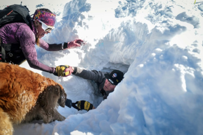 Un chien d'avalanche, des sauveteurs et des pisteurs participent à un entraînement à la station de ski de La Rosière, le 4 février 2025 en Savoie Un chien d'avalanche, des sauveteurs et des pisteurs participent à un entraînement à la station de ski de La Rosière, le 4 février 2025 en Savoie