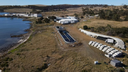 Vue aérienne de la ferme marine de Sea Forest à Triabunna, le 26 mars 2025 en Tasmanie - Gregory PLESSE (AFP) Vue aérienne de la ferme marine de Sea Forest à Triabunna, le 26 mars 2025 en Tasmanie - Gregory PLESSE (AFP)