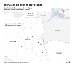 Carte localisant les drones retrouvés en Pologne après une attaque russe contre l'Ukraine - Sylvie HUSSON, Jean-Michel CORNU (AFP) Carte localisant les drones retrouvés en Pologne après une attaque russe contre l'Ukraine - Sylvie HUSSON, Jean-Michel CORNU (AFP)