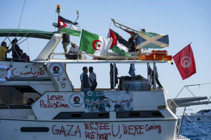 Navire de la flottille pour Gaza, au mouillage le 26 septembre 2025 au sud de la Crète - Eleftherios ELIS (AFP) Navire de la flottille pour Gaza, au mouillage le 26 septembre 2025 au sud de la Crète - Eleftherios ELIS (AFP)