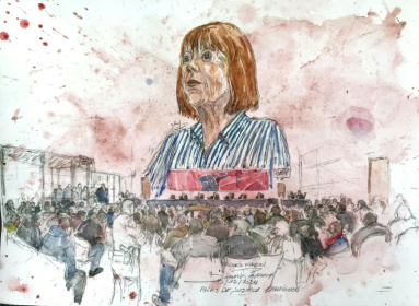 Un croquis de Gisèle Pelicot lors de l'audience qui a condamné son ex-mari à la peine maximale de 20 ans de prison, le 19 décembre 2024, à Avignon - Benoit PEYRUCQ (AFP) Un croquis de Gisèle Pelicot lors de l'audience qui a condamné son ex-mari à la peine maximale de 20 ans de prison, le 19 décembre 2024, à Avignon - Benoit PEYRUCQ (AFP)