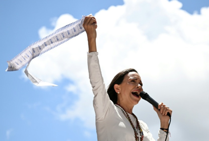 L'opposante vénézuélienne Maria Corina Machado, lors d'une manifestation à Caracas le 28 août 2024 - JUAN BARRETO (AFP)