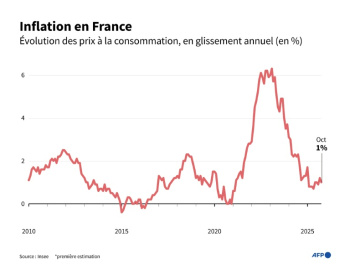 Évolution des prix à la consommation en France, en glissement annuel (%) - Sylvie HUSSON, Samuel BARBOSA (AFP)