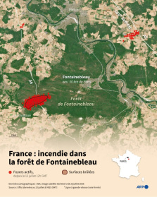 Carte de l'incendie qui a débuté dimanche 12 juillet 2026 dans la forêt de Fontainebleau (Seine-et-Marne), au sud-est de Paris - Nalini LEPETIT-CHELLA, Valentina BRESCHI (AFP)