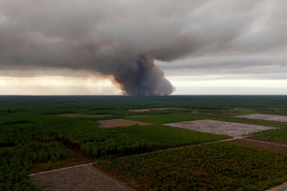 Une photo aérienne depuis Arès montre la fumée d'un incendie à Saumos (Gironde), le 22 juillet 2026 - ROMAIN PERROCHEAU (AFP)